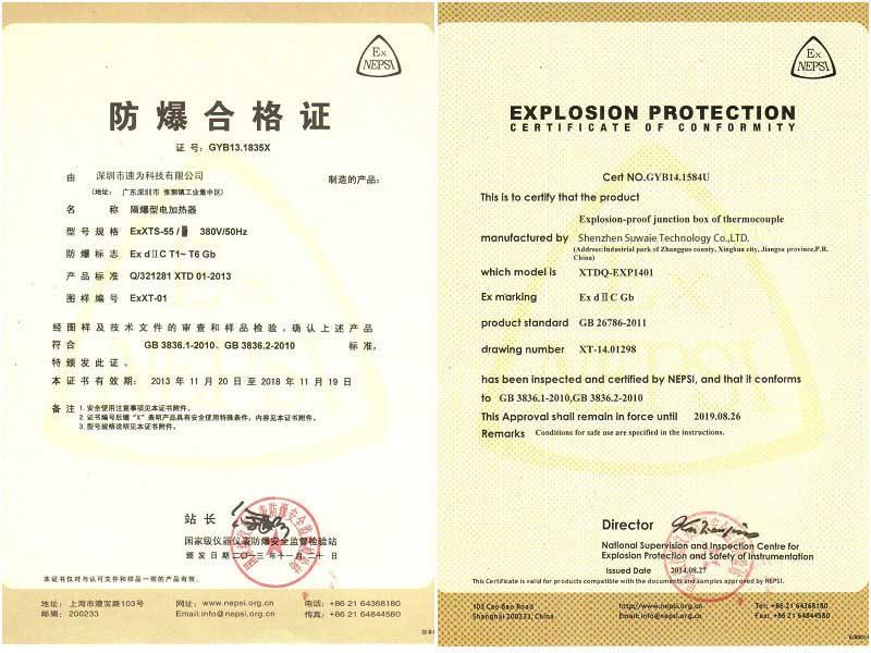 Robbanásbiztos fűtőtest Explosion-proof heater certificate